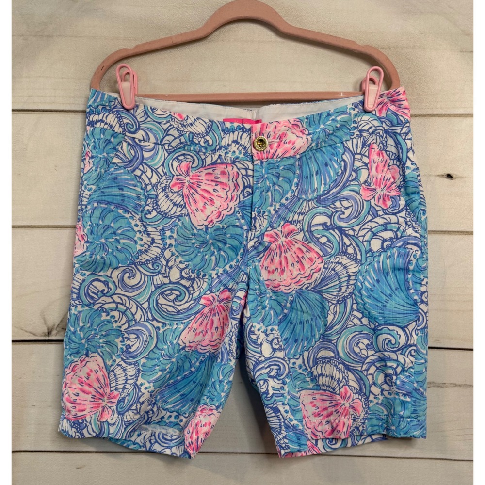 Lilly Pulitzer Callahan Shorts Womens 12 Blue Pink Seashell Print Cotton Chino